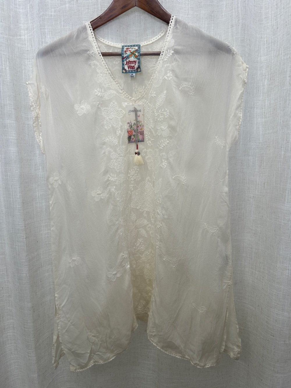 Johnny Was Ivory Sheer Embroidered V-Neck Tunic Dress Size Medium NWT